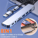 8-in-2 USB/USB-C ► 1x USB 3.0 │ 3x USB 2.0 │ 3.5mm audio │SD/TF │ USB-C (data)