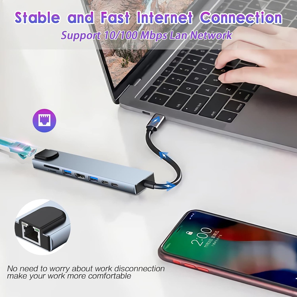 8-in-2 USB/USB-C ► 1x USB 3.0 │ 3x USB 2.0 │ 3.5mm audio │SD/TF │ USB-C (data)