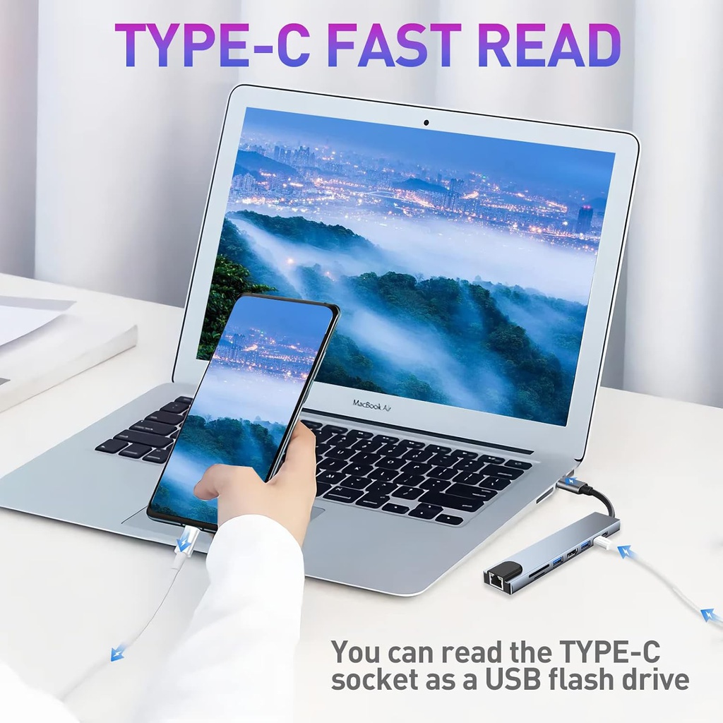 8-in-2 USB/USB-C ► 1x USB 3.0 │ 3x USB 2.0 │ 3.5mm audio │SD/TF │ USB-C (data)