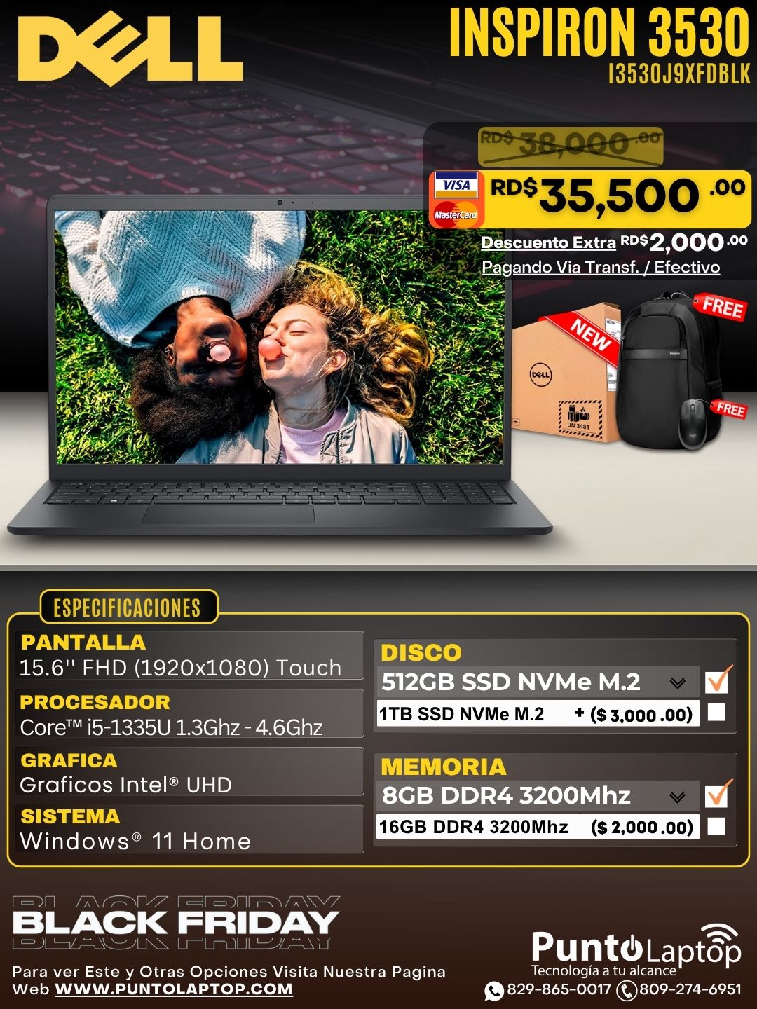 Dell Inspiron 3530 15.6" FHD Touch Core™ i5-1334U 512GB SSD 8GB W11 BLACK