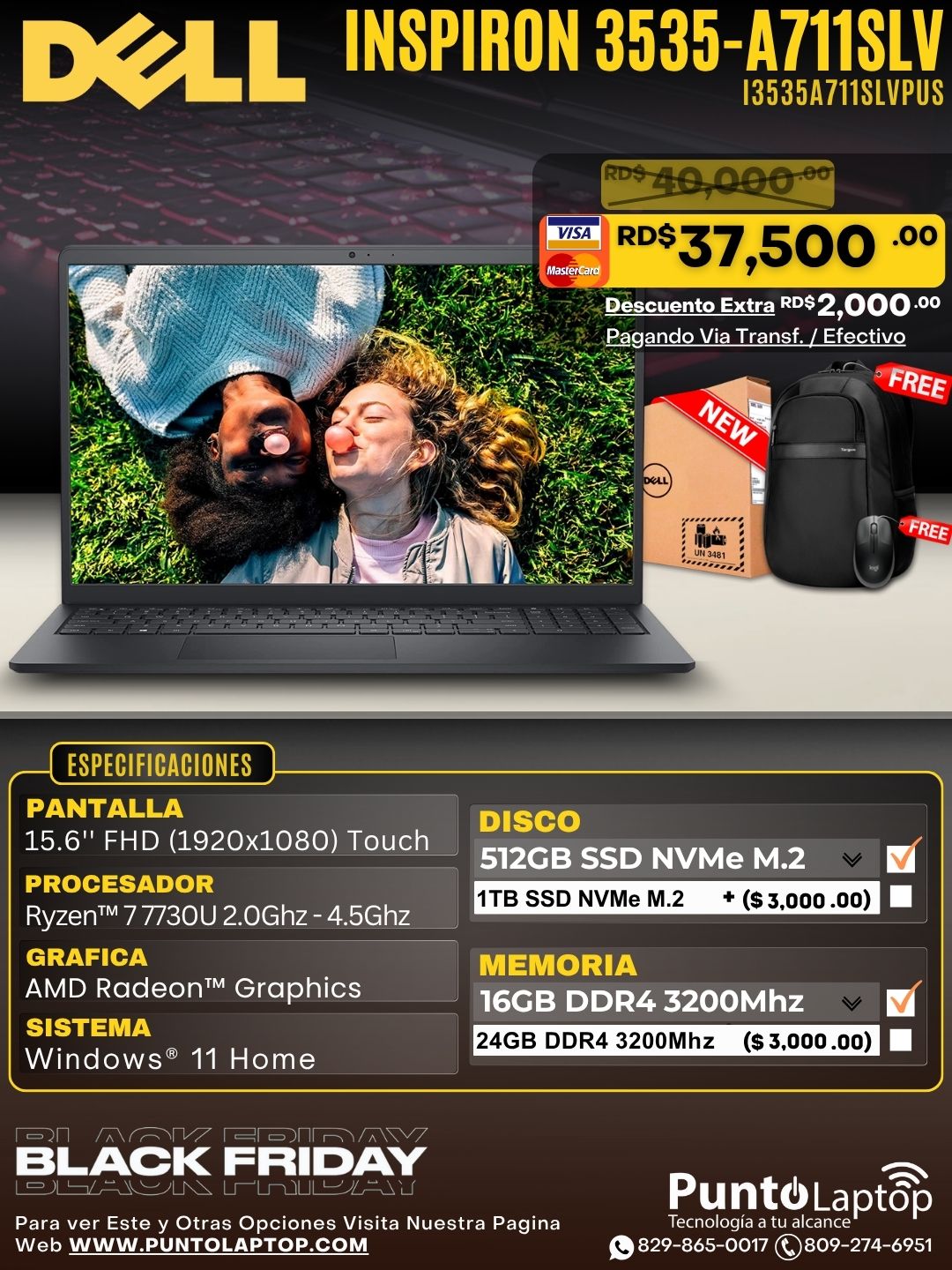 Dell Inspiron 3535-A711SLV 15.6" FHD Touch Ryzen™ 7 7730U 512GB SSD 16GB W11 Black