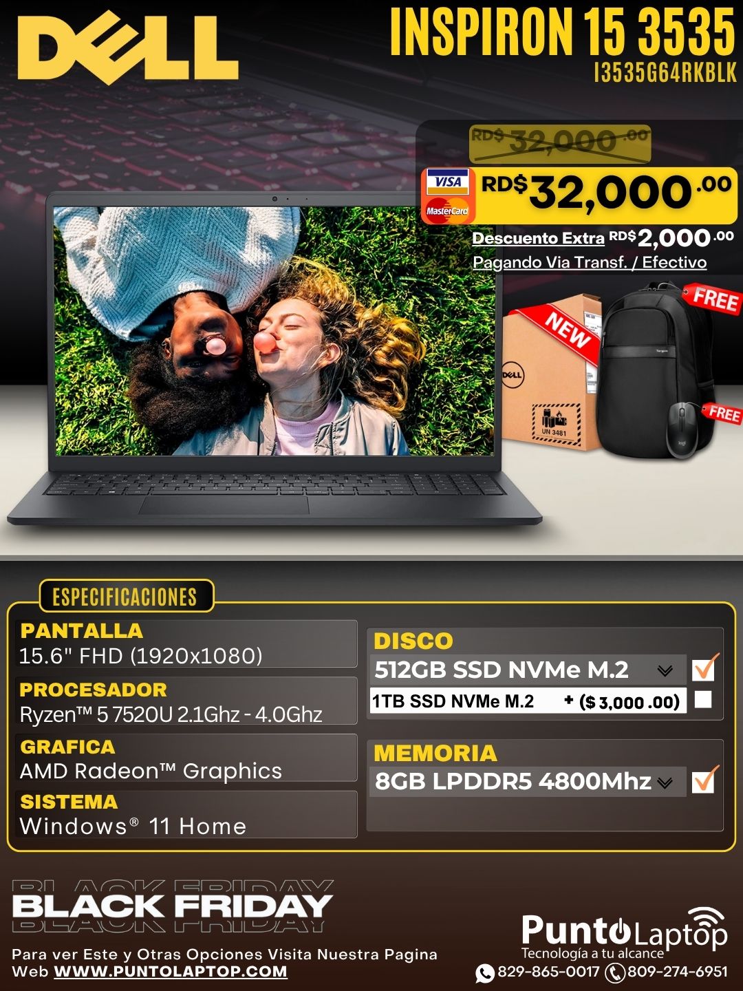 Dell Inspiron 15 3535 15.6" FHD Ryzen™ 5 7520 512GB SSD 8GB W11 CARBON BLACK