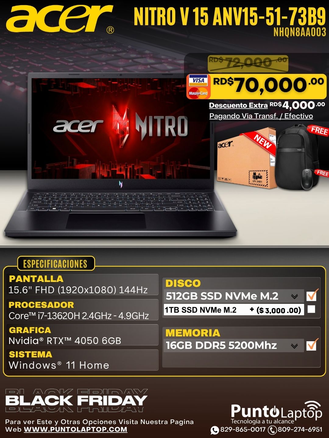 Acer Nitro V 15 ANV15-51-73B9 15.6" FHD 144Hz IPS Core™ i7-13620H 512GB SSD 16GB W11 NVIDIA® RTX 4050 6GB BLACk Backlit