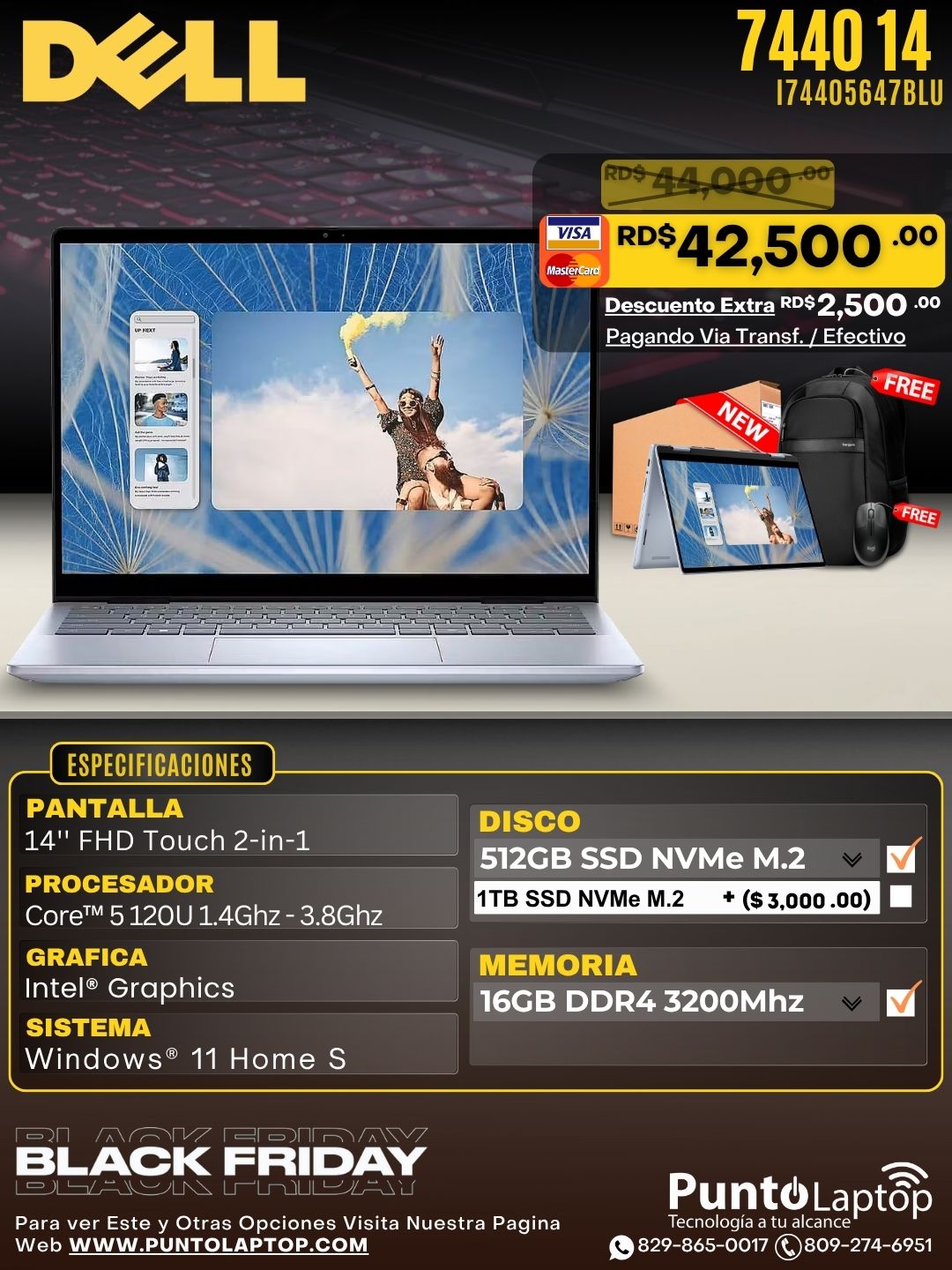 Dell 7440 14 2-in-1 14" FHD Touch Core™ 5 120U 512GB SSD 16GB W11 Blue Bcklt