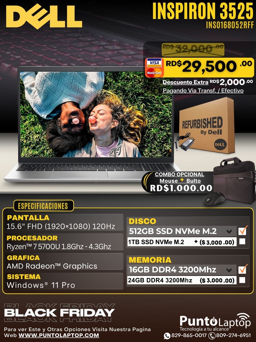 ❞𝐑𝐞𝐟𝐮𝐫𝐛𝐢𝐬𝐡𝐞𝐝❞ Dell Inspiron 3525 15.6" FHD 120Hz Ryzen™ 7 5700U 512GB SSD 16GB W11 Pro SILVER