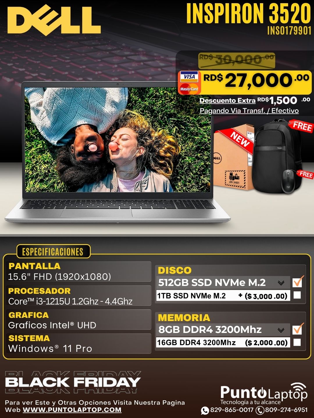 Dell Inspiron 3520 15.6" FHD Core™ i3-1215U 512GB SSD 8GB W11 Pro Silver