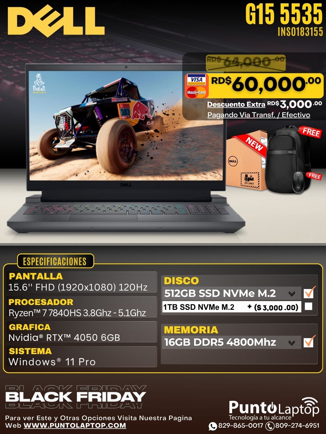 Dell G15 5535 GAMING 15.6" FHD 120Hz Ryzen™ 7 7840HS 512GB SSD 16GB W11 Pro NVIDIA® RTX 4050 6GB Bcklt