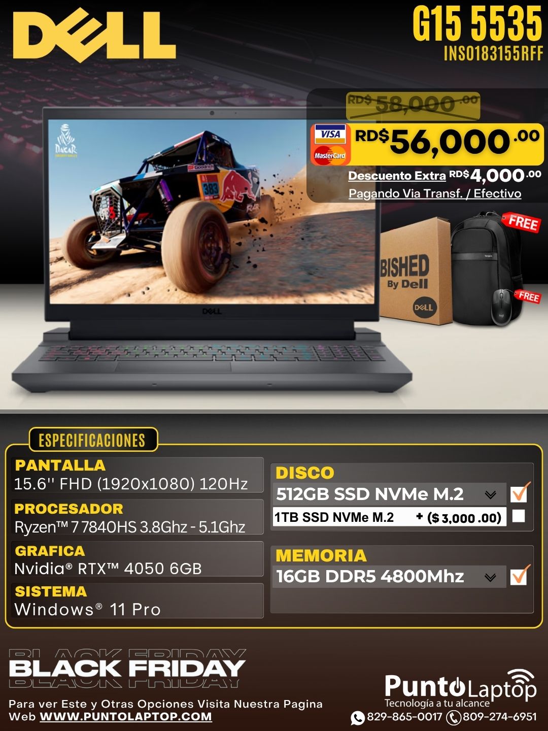 ❞𝐑𝐞𝐟𝐮𝐫𝐛𝐢𝐬𝐡𝐞𝐝❞ Dell G15 5535 GAMING 15.6" FHD 120Hz Ryzen™ 7 7840HS 512GB SSD 16GB W11 Pro NVIDIA® RTX 4050 6GB Bcklt