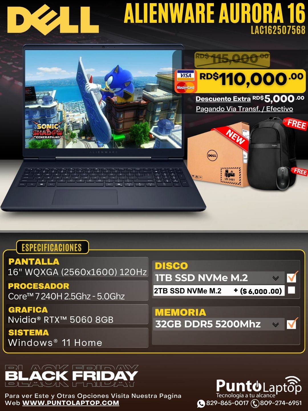 Dell Alienware Aurora 16 16" (2560x1600) 120Hz Core™ 7 240H 1TB SSD 32GB W11 NVIDIA® RTX 5060 8GB BLUE Bcklt