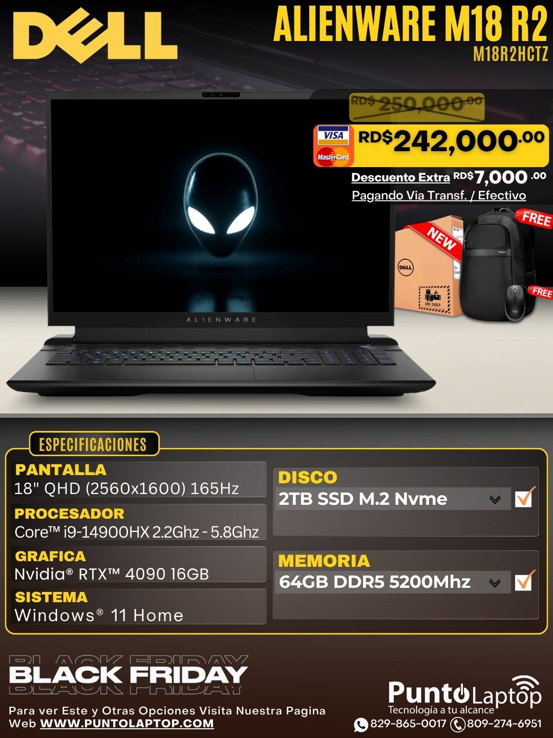 Dell ALIENWARE M18 R2 18" (2560x1600) 165Hz Core™ i9-14900HX 2TB SSD 64GB W11 NVIDIA® RTX 4090 16 GB Bcklt