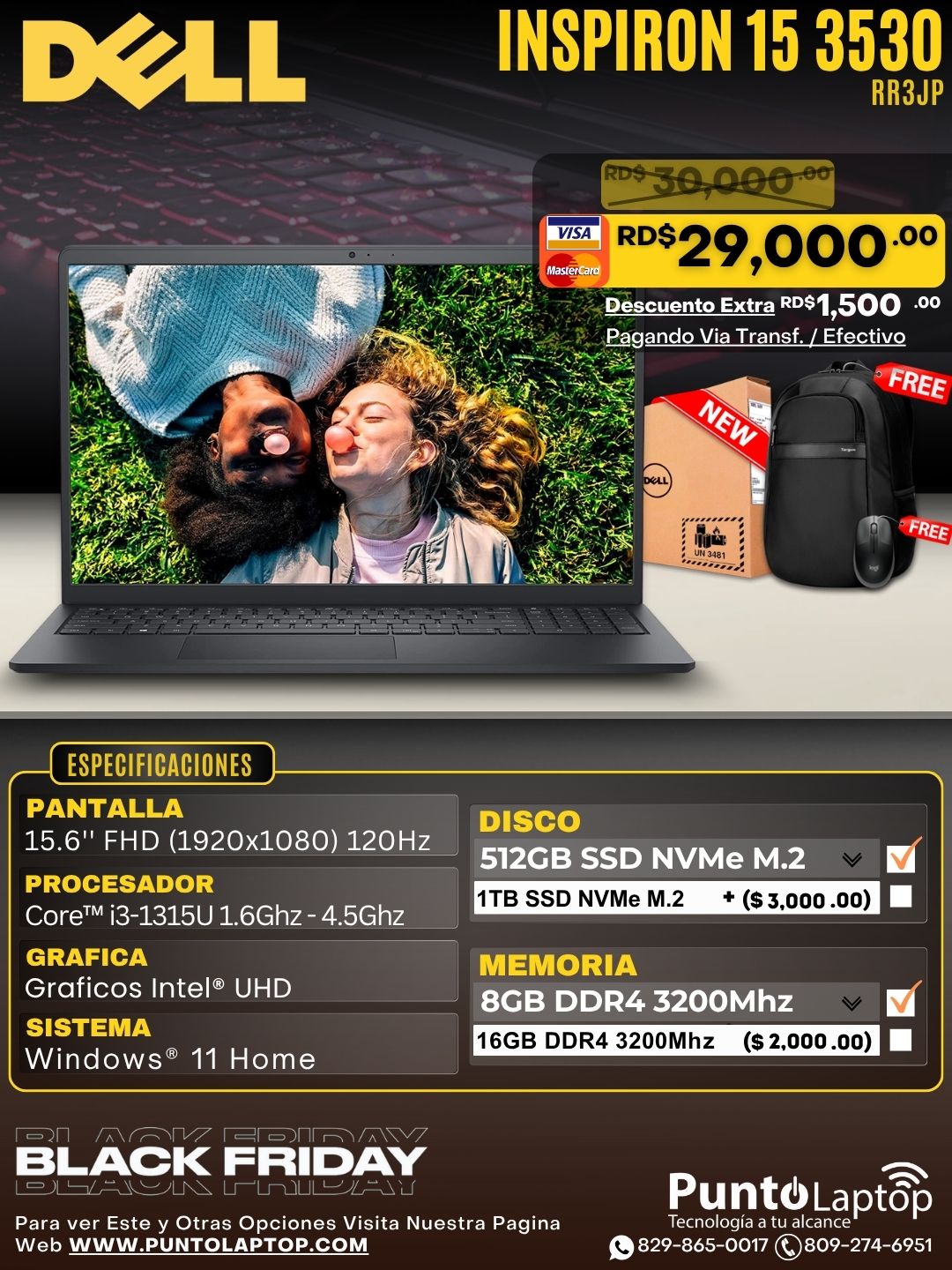 Dell Inspiron 15 3530 15.6" FHD 120Hz IPS Core™ i3-1305U 512GB SSD 8GB W11 CARBON BLACK