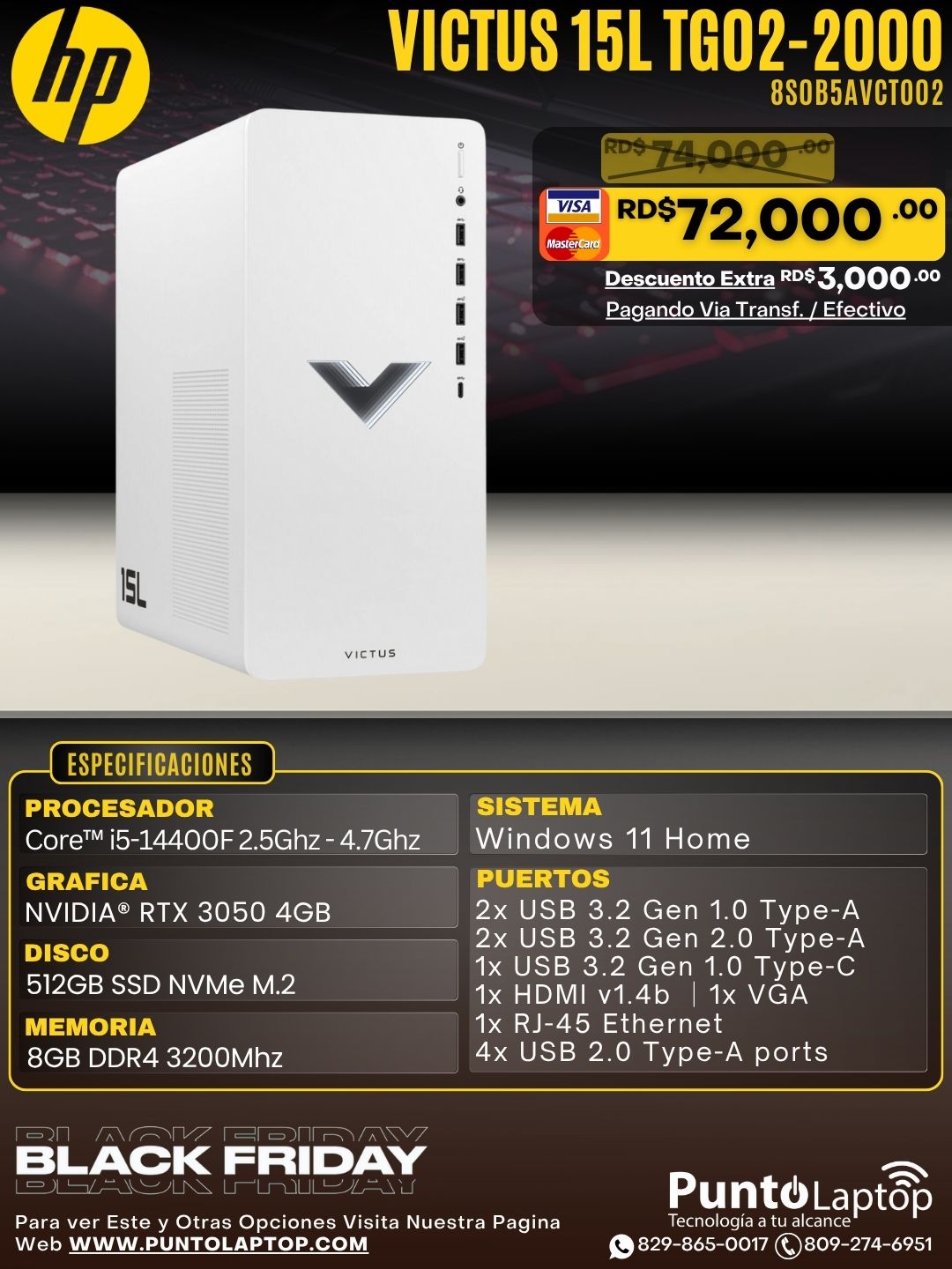 HP Victus 15L TG02-2000 GAMING TOWER Core™ i5-14400F 512GB SSD 16GB W11 NVIDIA® RTX 3050 4GB