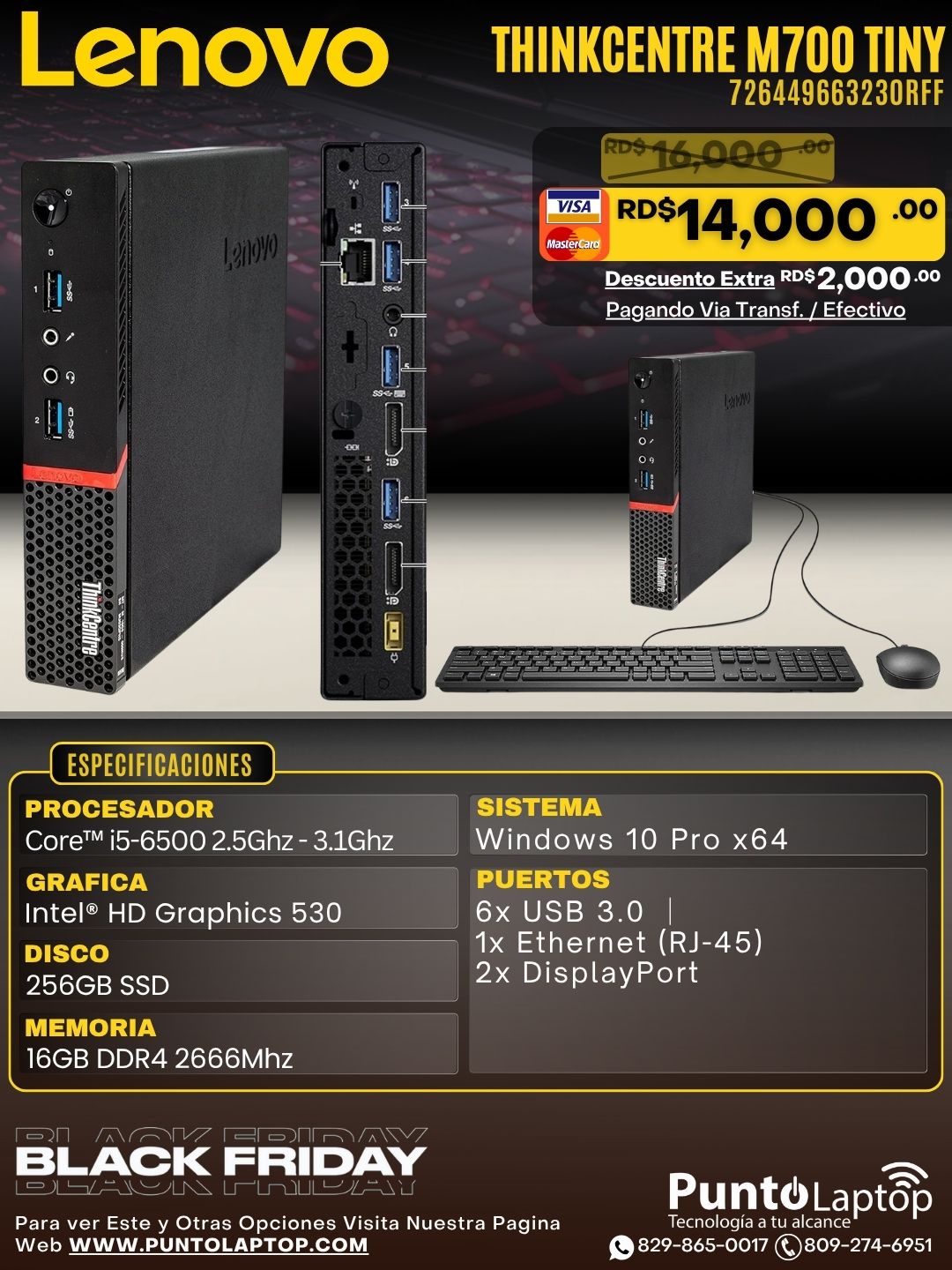 ❞𝐑𝐞𝐟𝐮𝐫𝐛𝐢𝐬𝐡𝐞𝐝❞ Lenovo ThinkCentre M700 TINY Core™ i5-6500 256GB SSD 16GB WIN10 Pro Keyboard Mouse BLACK