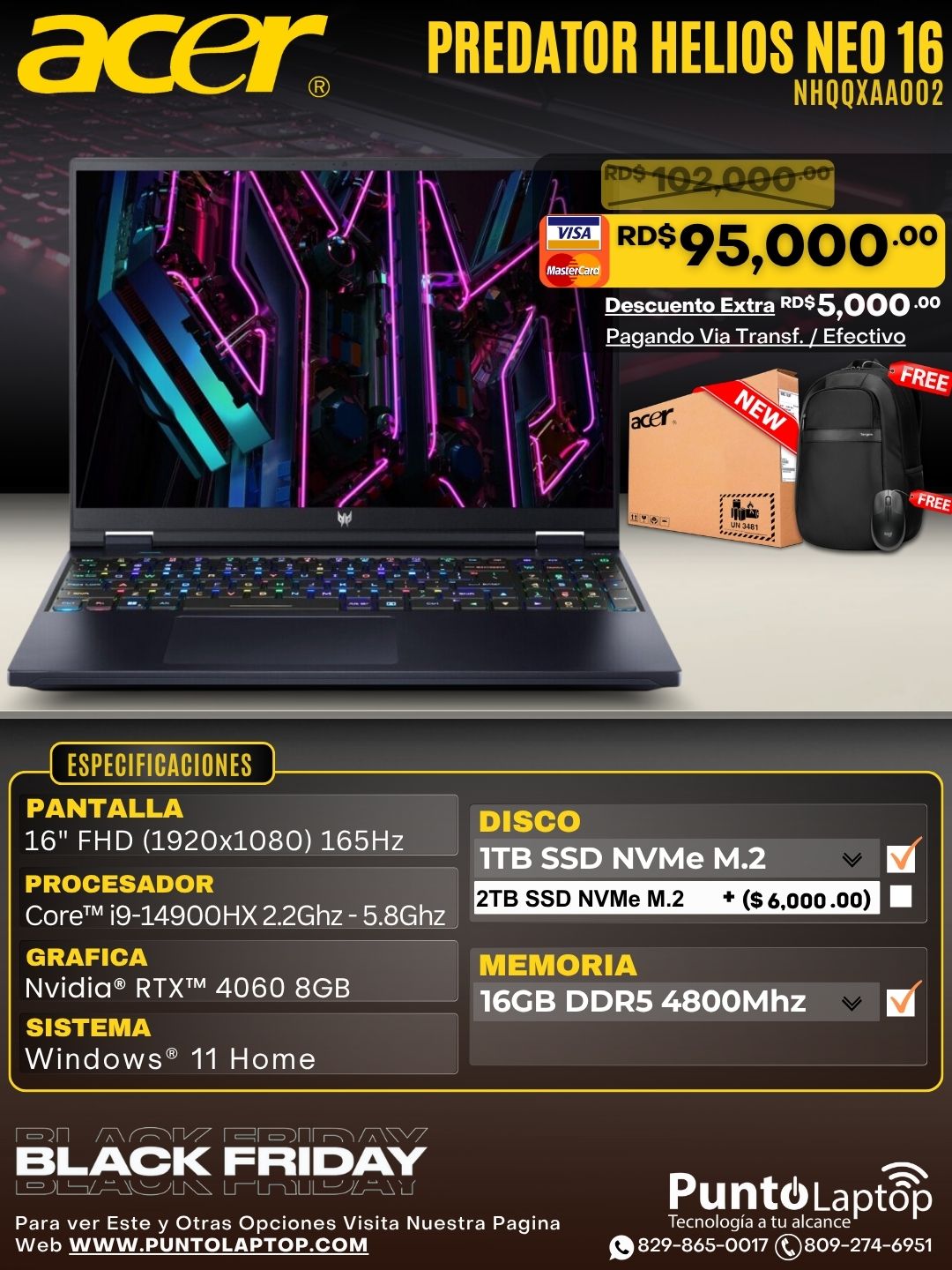 Acer PREDATOR HELIOS NEO 16 PHN16 16" FHD 165Hz Core™ i9-14900HX 1TB SSD 16GB W11 RTX 4060 8GB BLACK Bcklt