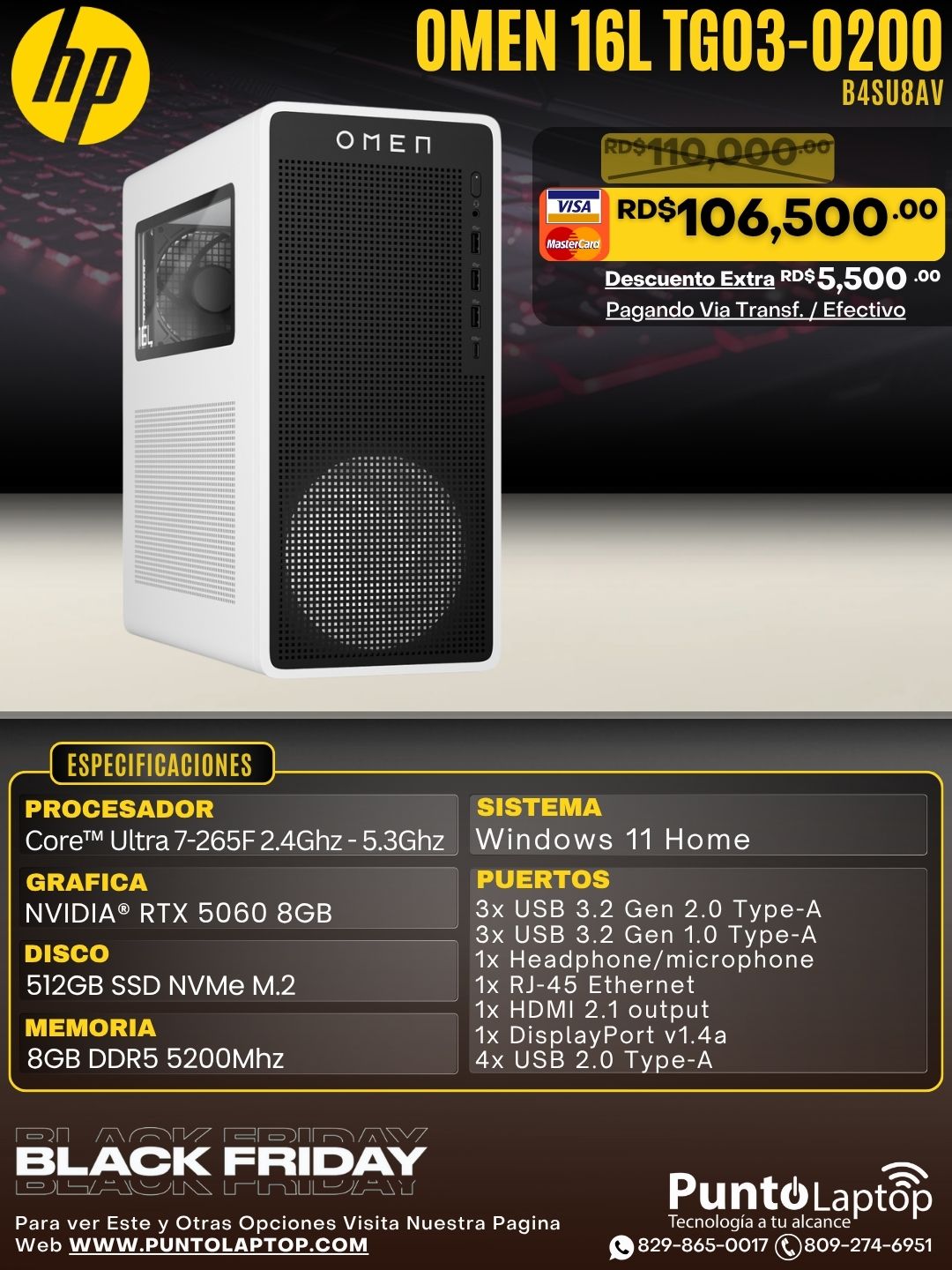 HP OMEN 16L TG03-0200 GAMING TOWER Core™ Ultra 7-265F 512GB SSD 8GB W11 NVIDIA® RTX 5060 8GB