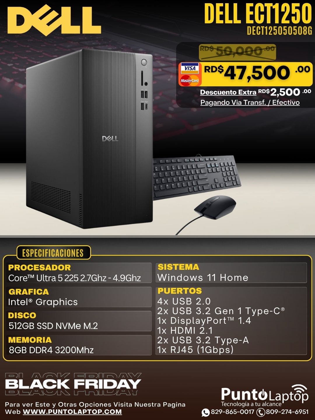 Dell ECT1250 TOWER Core™ Ultra 5 225 512GB SSD 8GB WIN11 Keyboard Mouse BLACK