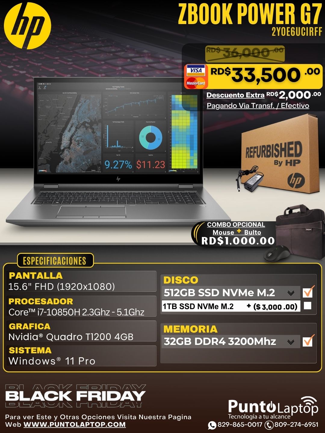 HP ZBook Power G7 15.6" FHD Core™ i7-10850H 512GB SSD 32GB W11-Pro NVIDIA® Quadro T2000 4GB GRAY Bcklt