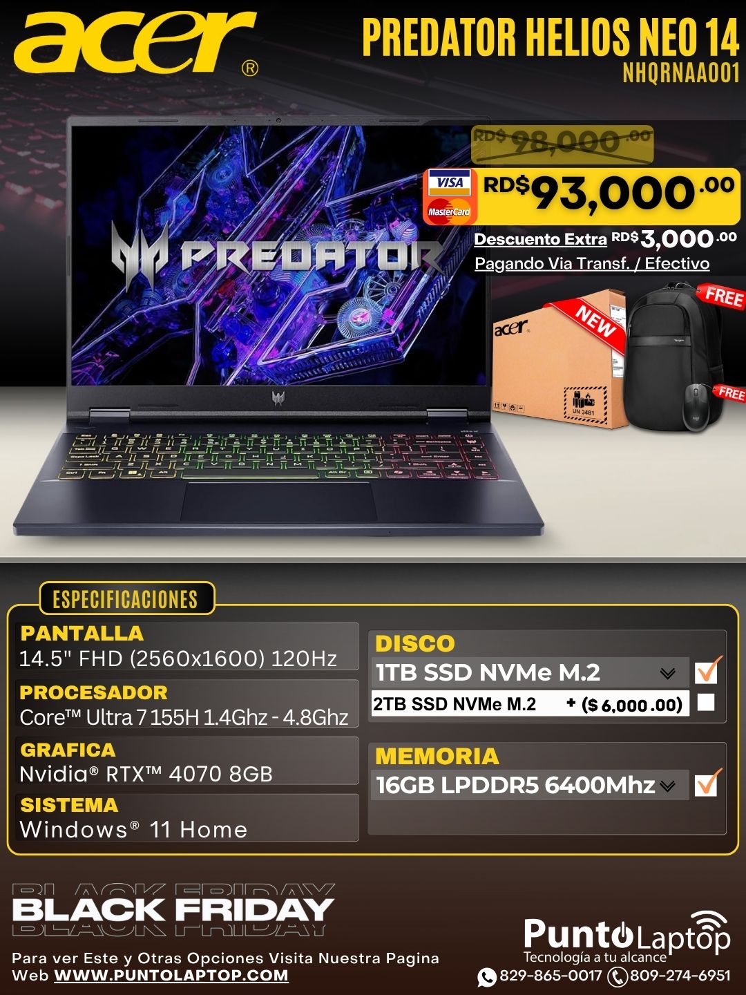 Acer Predator Helios Neo 14 PHN14-51-79UB 14.5" (2560x1600) 120Hz IPS Core™ Ultra 7 155H 1TB SSD 16GB W11 NVIDIA® RTX 4070 8GB BLACK Bcklt