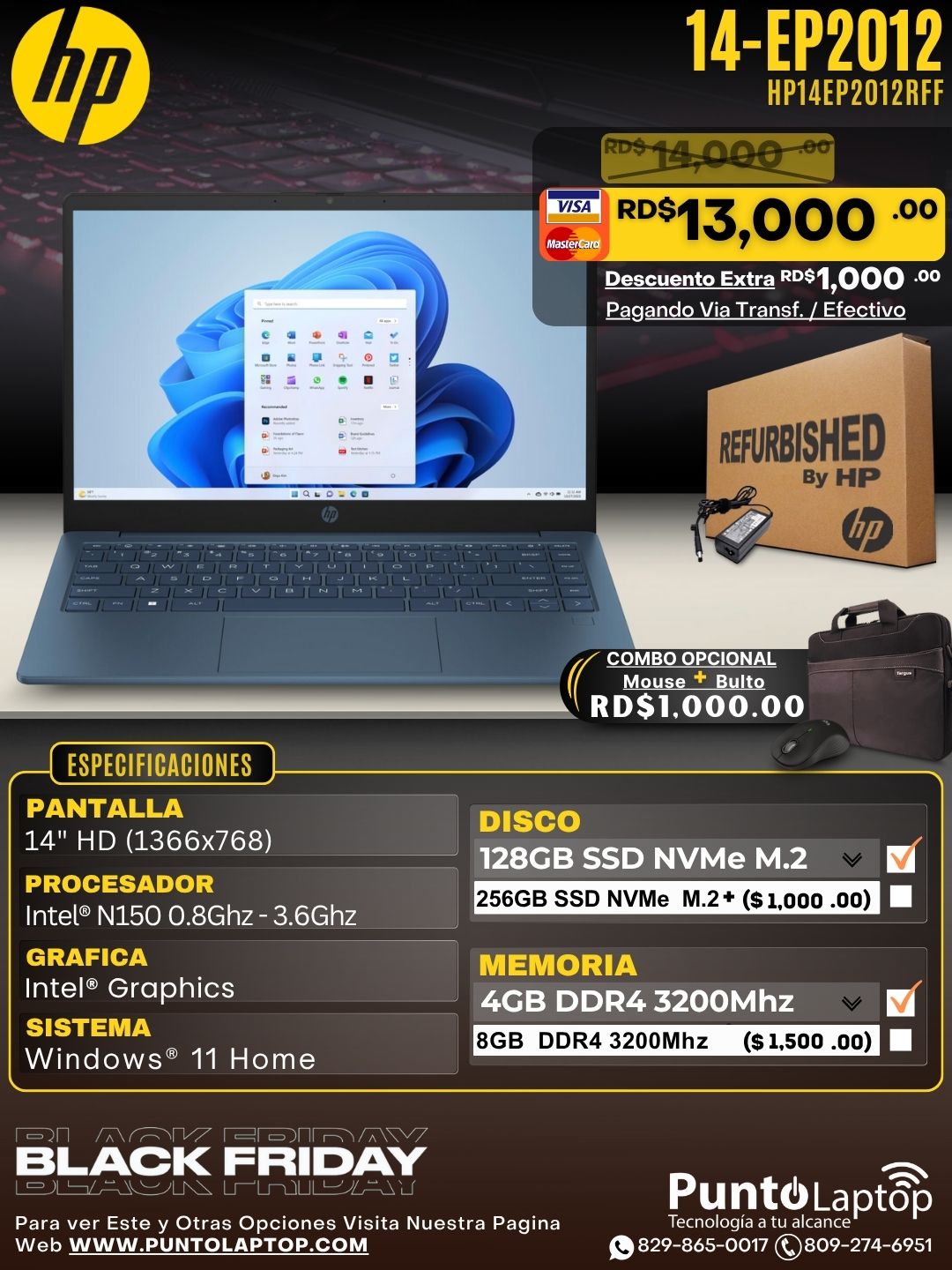 ❞𝐑𝐞𝐟𝐮𝐫𝐛𝐢𝐬𝐡𝐞𝐝❞ HP 14-EP2012 14" HD Intel® N150 128GB SSD 4GB W11 WATERFALL BLUE