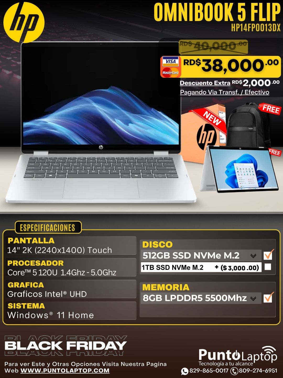 HP OmniBook 5 Flip 2-in-1 14" 2K Touch Core™ i5 130U 512GB SSD 8GB W11 Glacier Silver