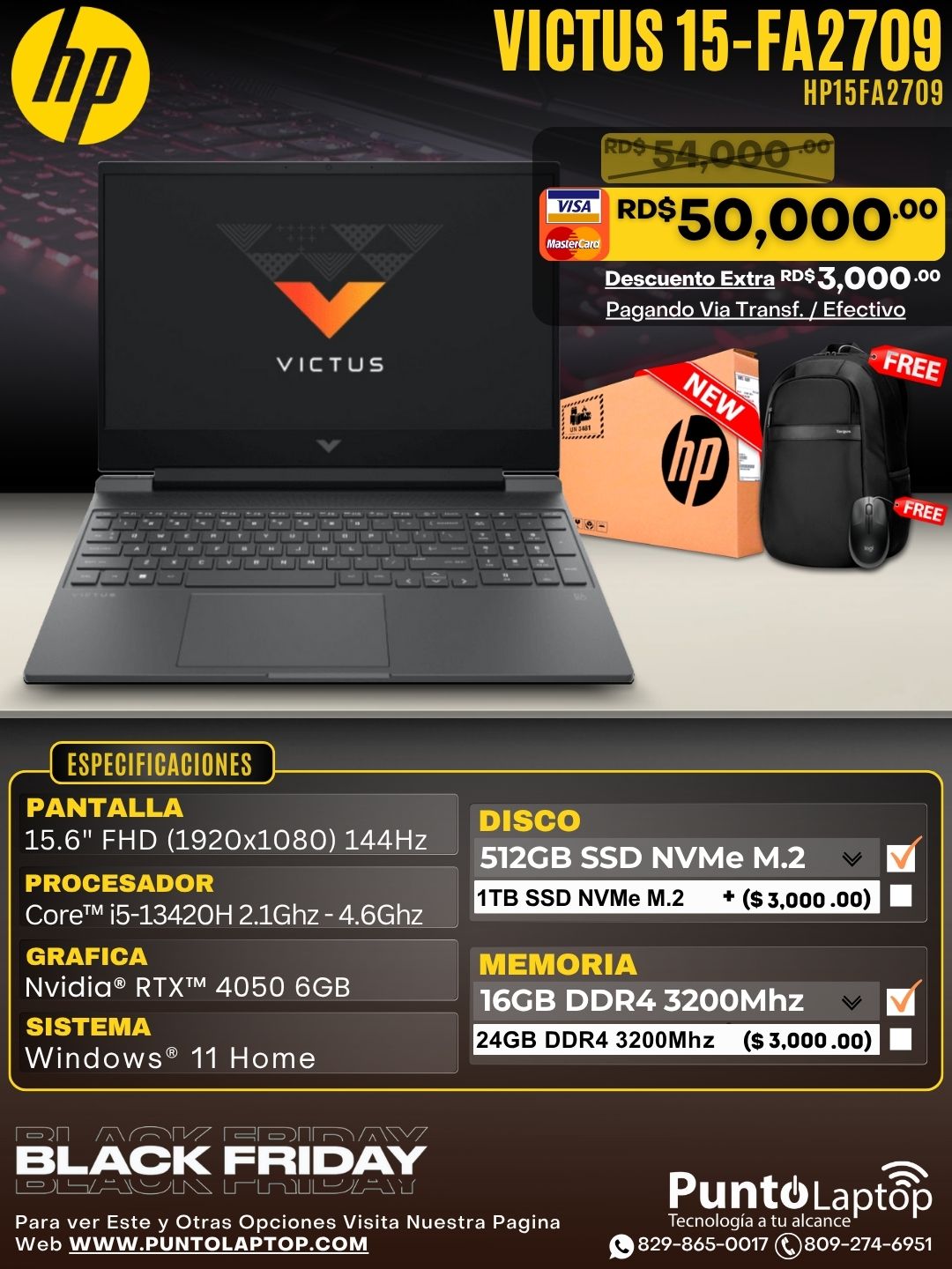 HP VICTUS 15-FA2709 15.6" FHD 144Hz Core™ i5-13420H 512GB SSD 16GB W11 NVIDIA® RTX 4050 6GB BLACK Bcklt