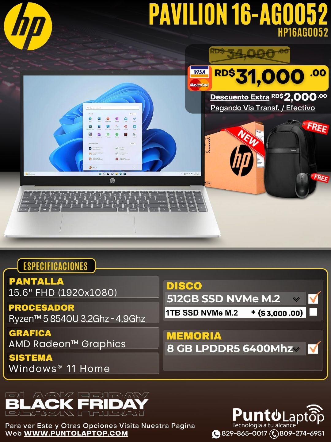 HP Pavilion 16-AG0052 16" FHD Ryzen™ 5 8540U 512GB SSD 8GB W11 SILVER