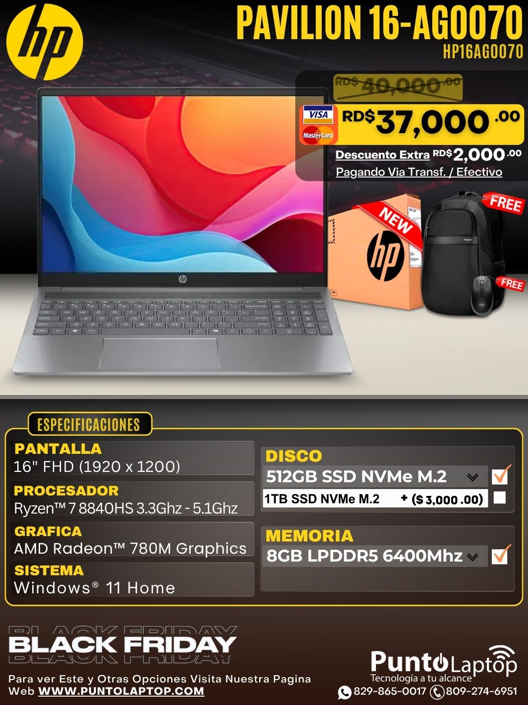 HP Pavilion 16-AG0070 16" FHD AMD Ryzen™ 7 8840HS 512G 8GB W11 NATURAL SILVER Bcklt