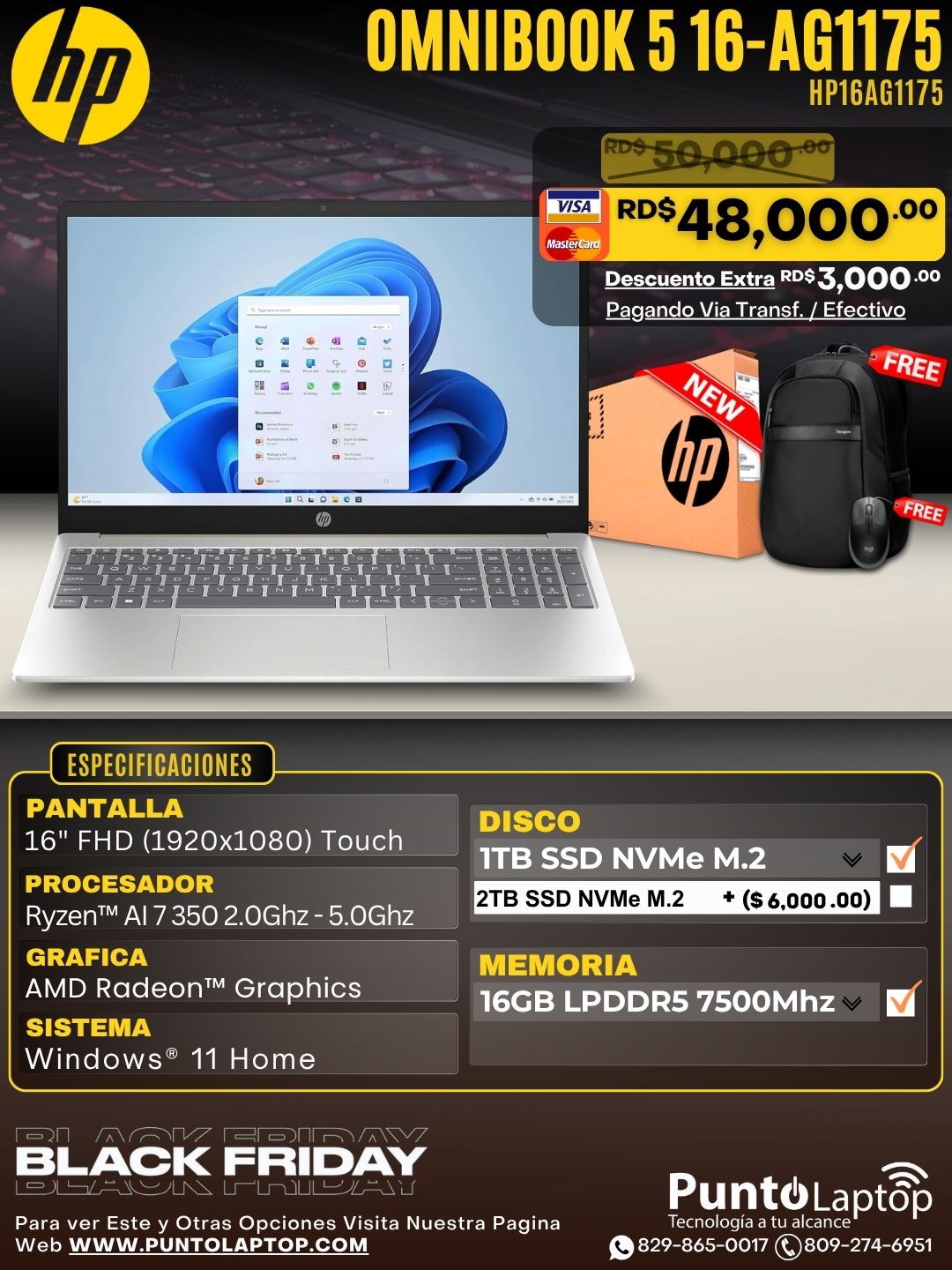 HP OmniBook 5 16-AG1175 16" FHD Touch Ryzen™ AI 7 350 1TB SSD 16GB W11 GLACIER SILVER Bcklt