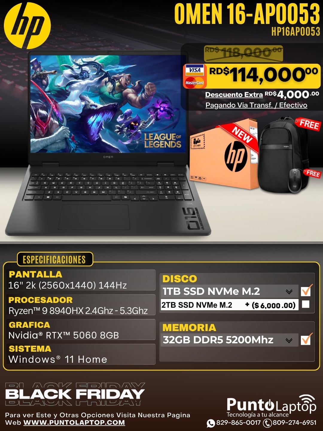 HP OMEN 16-AP0053 16" 2K 144Hz Ryzen 9 8940HX 1TB SSD 32GB DDR5 RTX 5060 Shadow Black Bcklt RGB