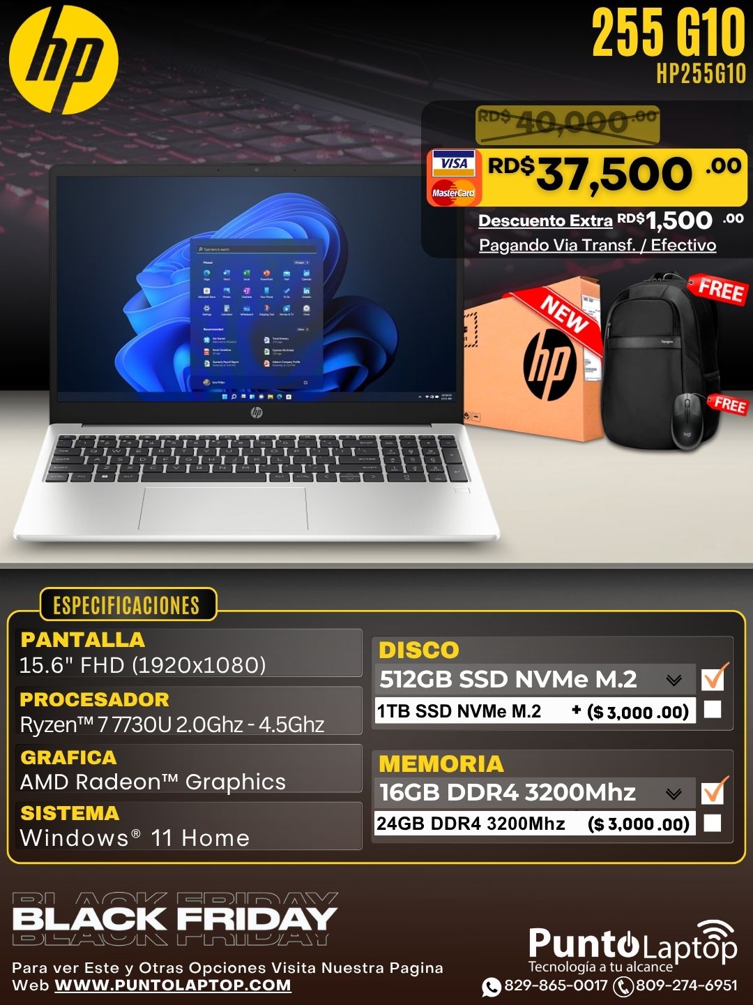 HP 255 G10 15.6" FHD IPS Ryzen™ 7 7730U 512GB SSD 16GB W11  Silver