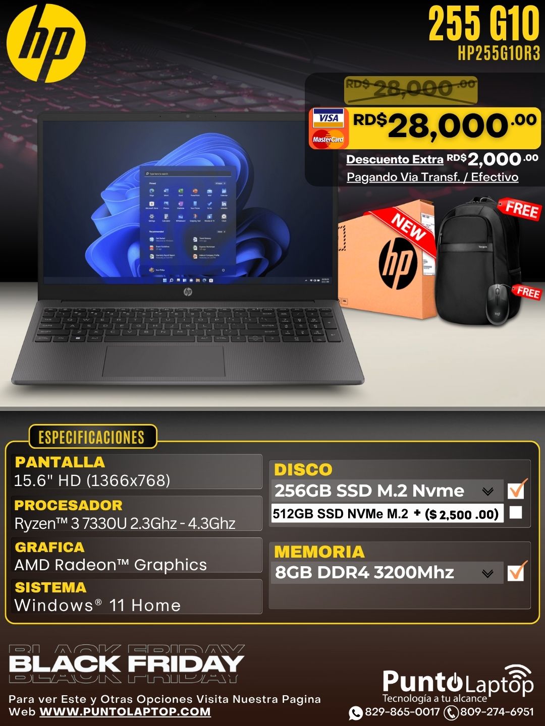 HP 255 G10 15.6" Ryzen™ 3 7330U 256GB SSD 8GB W11 SILVER