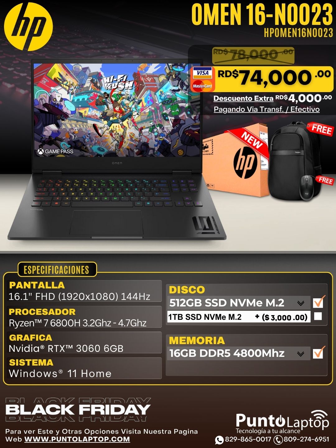 HP OMEN 16-N0023 16.1" FHD 144Hz IPS GAMING Ryzen™ 7 6800H 512GB SSD 16GB W11 MICA SILVER RTX 3060 6GB RGB Bcklt