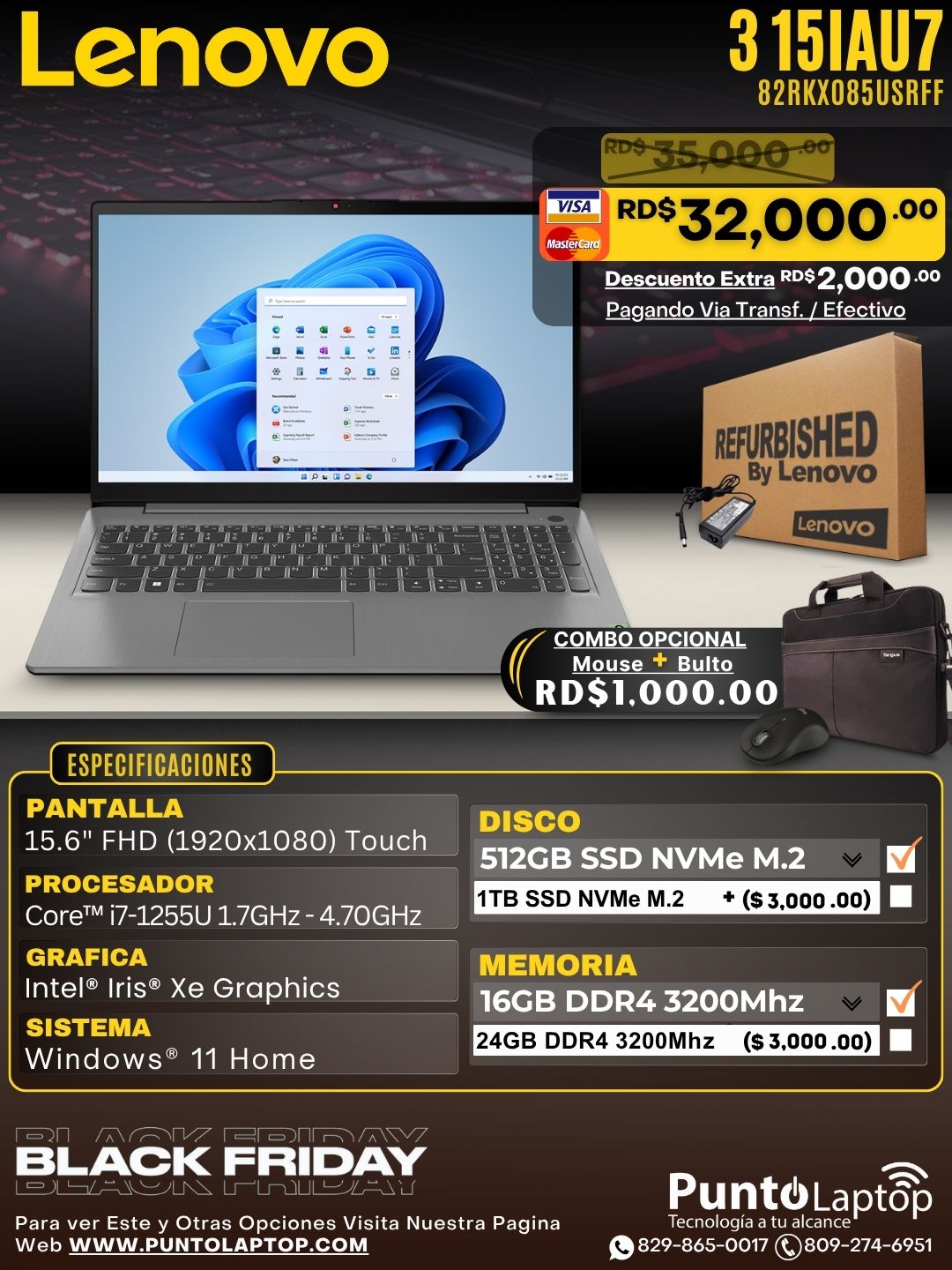 ❞𝐑𝐞𝐟𝐮𝐫𝐛𝐢𝐬𝐡𝐞𝐝❞ Lenovo 3 15IAU7 15.6" FHD Touch Core™ i7-1255U 512GB SSD 16GB W11 GREY Bcklt