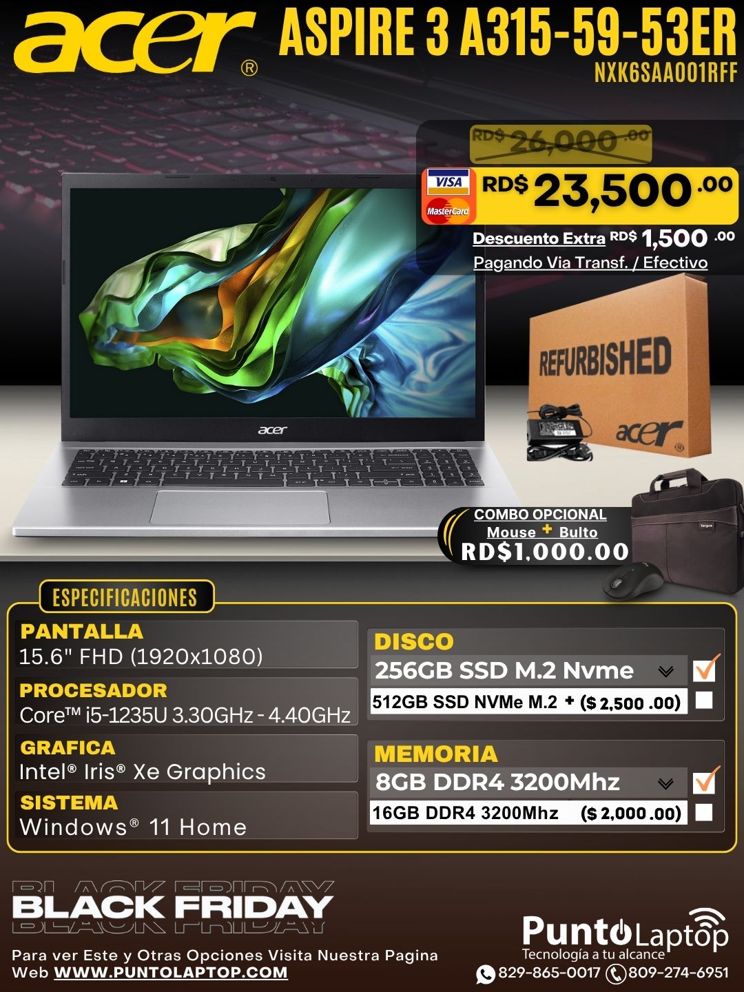 ❞𝐑𝐞𝐟𝐮𝐫𝐛𝐢𝐬𝐡𝐞𝐝❞ Acer Aspire 3 A315-59-53ER 15.6" FHD Core™ i5-1235U 256GB SSD 8GB W11 SILVER