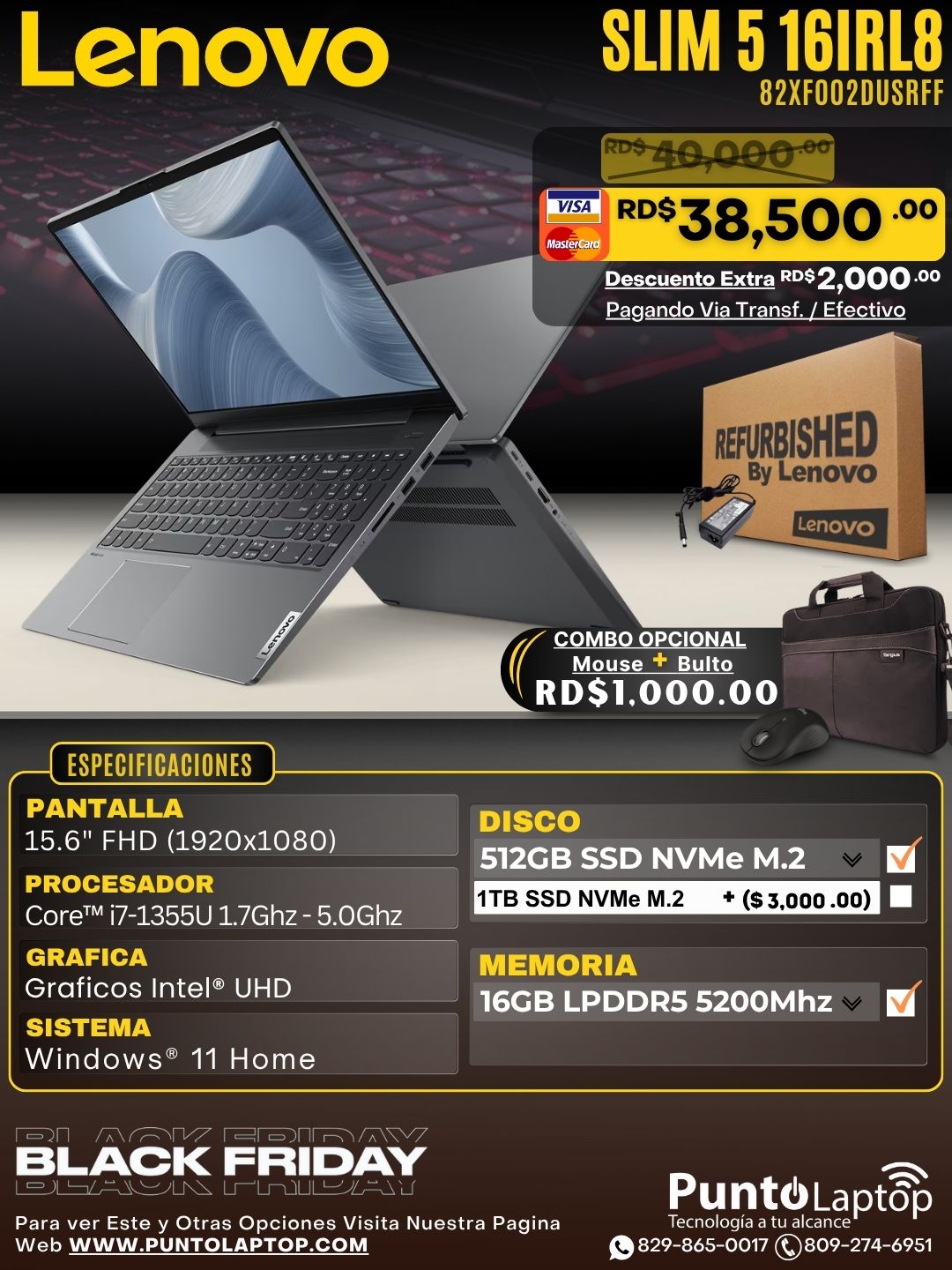 ❞𝐑𝐞𝐟𝐮𝐫𝐛𝐢𝐬𝐡𝐞𝐝❞ Lenovo SLIM 5 16IRL8 16" FHD Core™ i7-1355U 512GB SSD 16GB W11 GRAY Bcklt