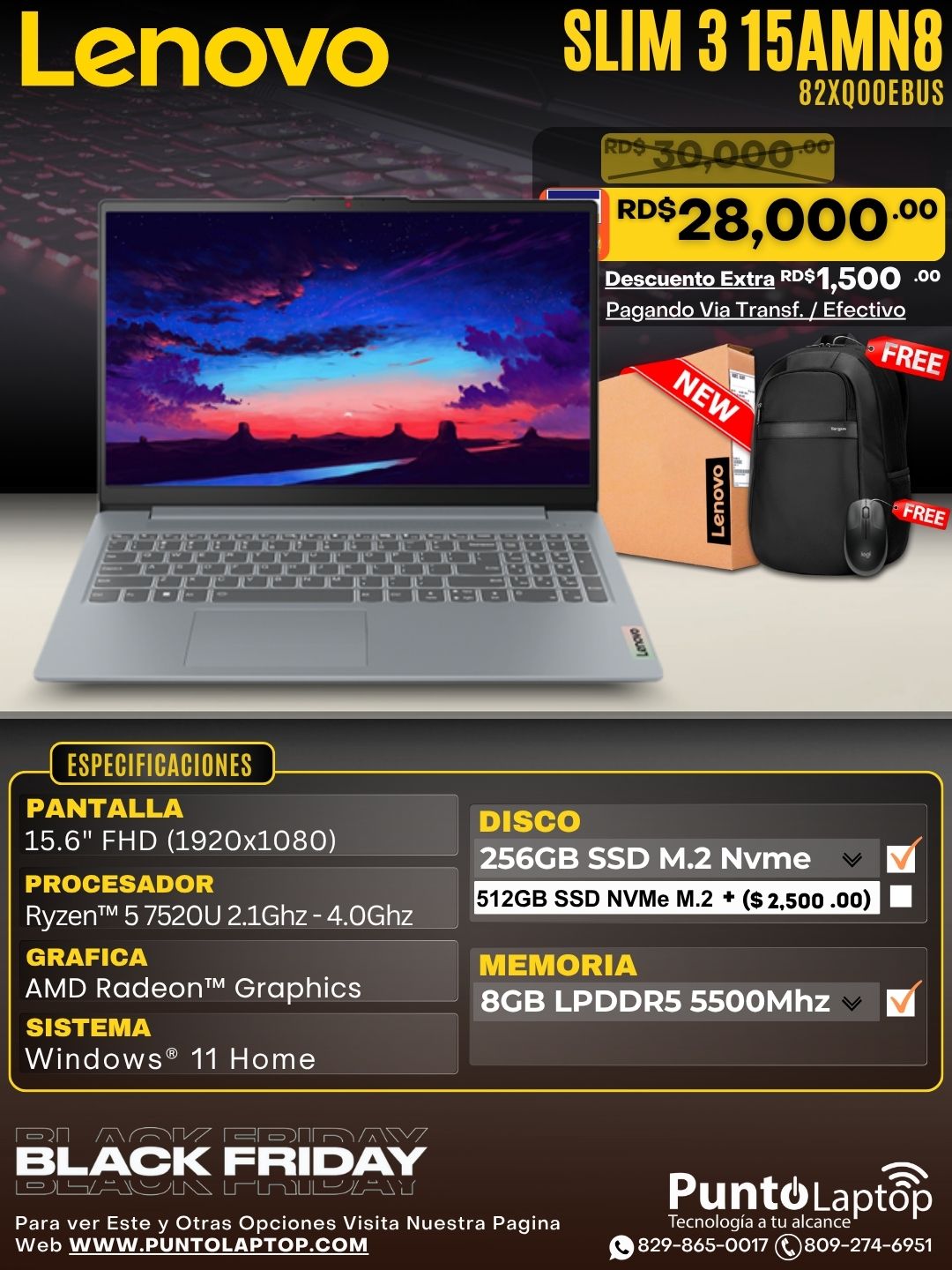 Lenovo SLIM 3 15AMN8 15.6" FHD Ryzen™ 5 7520U 256GB SSD 8GB W11 GRAY Backlit