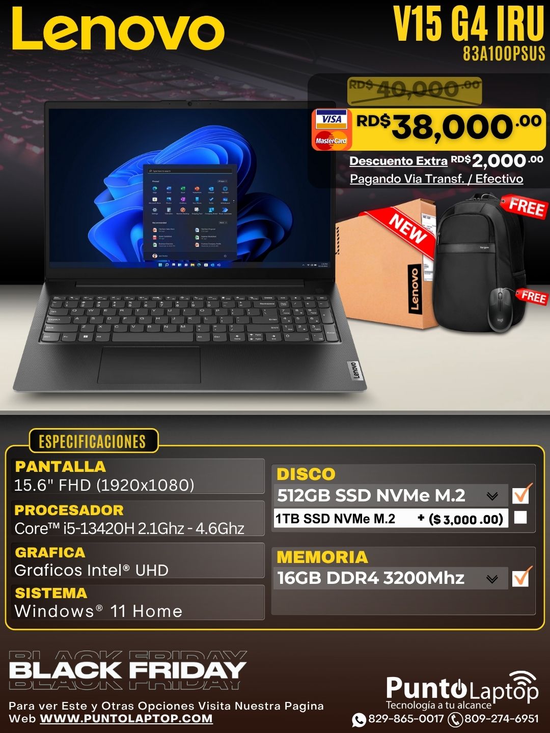 Lenovo V15 G4 IRU 15.6" FHD Core™ i5-13420H 512GB SSD 16GB WIN11 BLACK RJ45