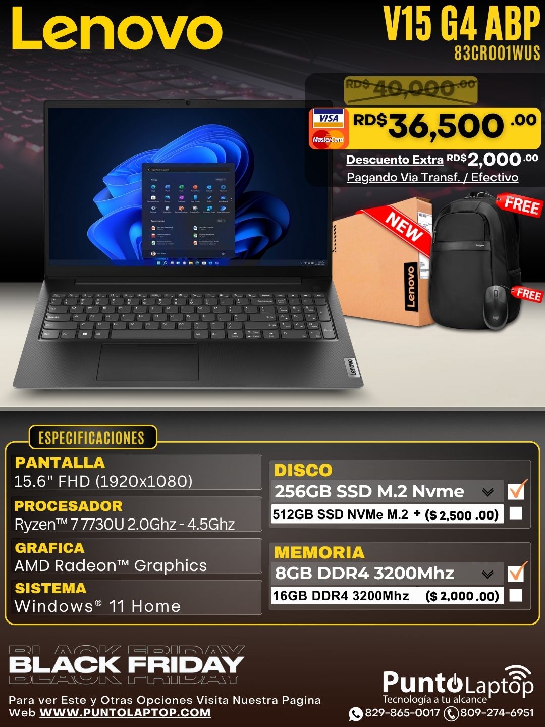 Lenovo V15 G4 ABP 15.6" FHD Ryzen™ 7 7730U 256GB SSD 8GB W11 BLACK RJ45