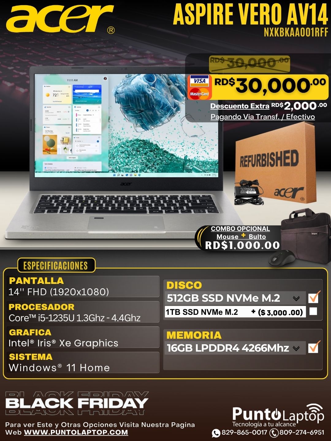 ❞𝐑𝐞𝐟𝐮𝐫𝐛𝐢𝐬𝐡𝐞𝐝❞ Acer Aspire Vero AV14 14" FHD Core™ i5-1235U 512GB SSD 16GB W11 GRAY Bcklt