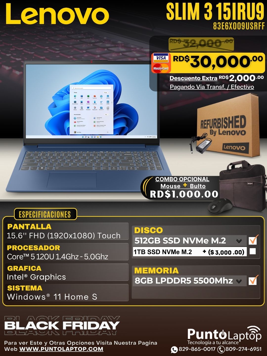 ❞𝐑𝐞𝐟𝐮𝐫𝐛𝐢𝐬𝐡𝐞𝐝❞ Lenovo SLIM 3 15IRU9 15.6" FHD Touch Core™ 5 120U 512GB SSD 8GB W11 ABYSS BLUE Bcklt