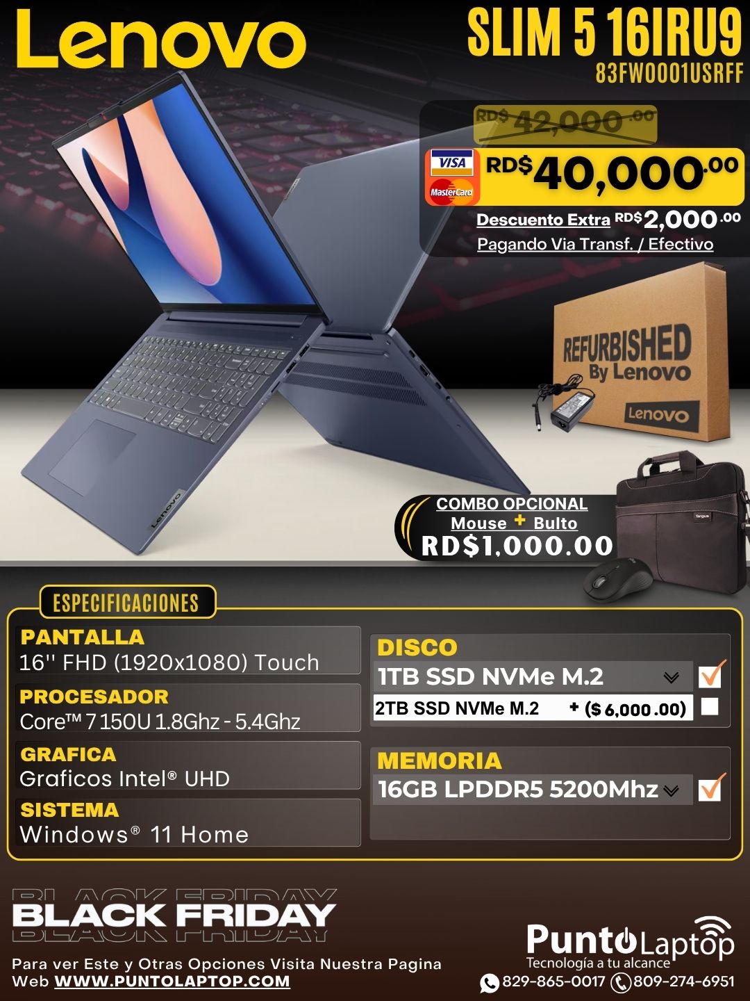 ❞𝐑𝐞𝐟𝐮𝐫𝐛𝐢𝐬𝐡𝐞𝐝❞ Lenovo Slim 5 16IRU9 16" WUXGA FHD Touch IPS Core™ 7 150U 1TB SSD 16GB W11 BLUE Bcklt