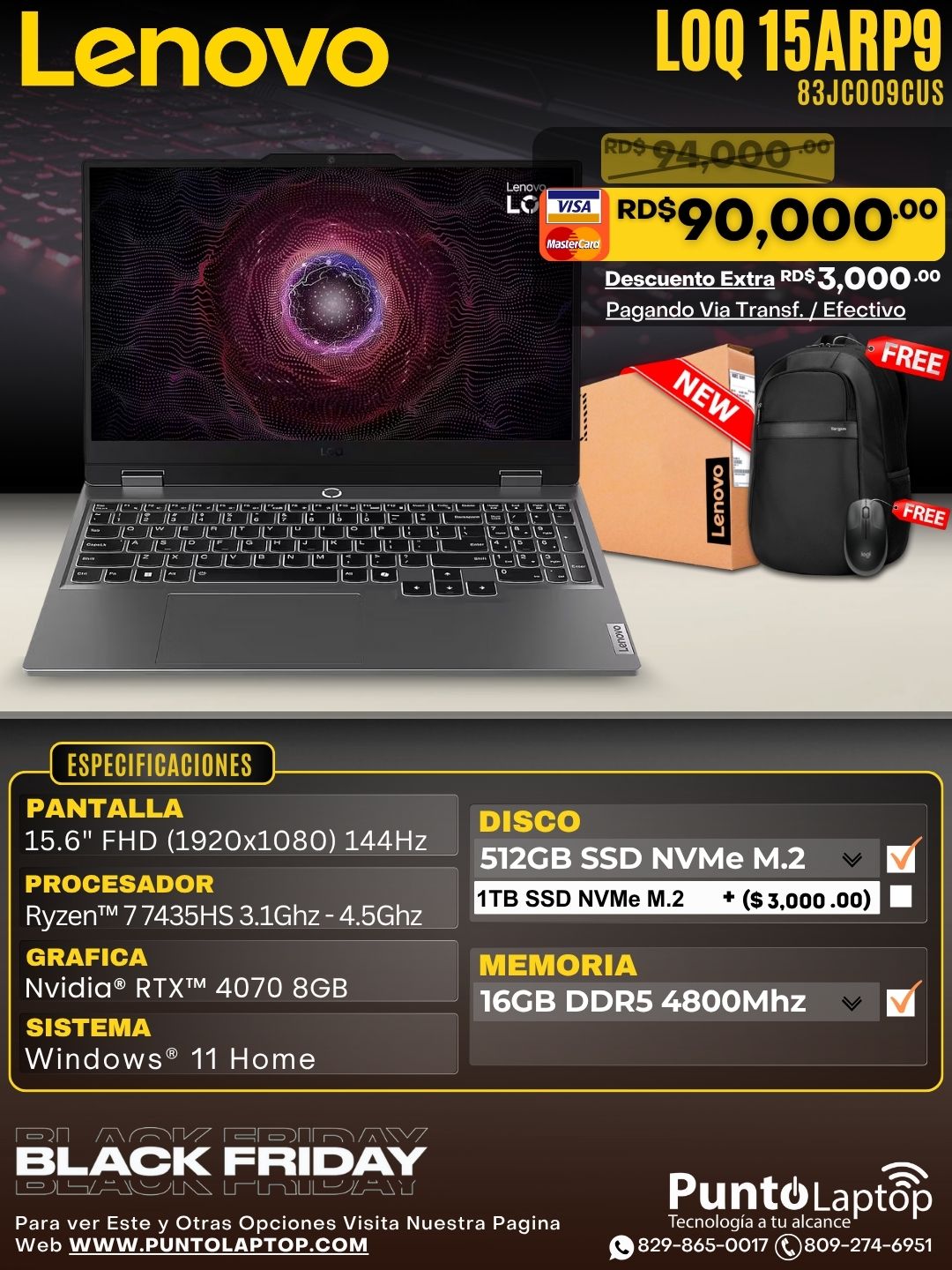 Lenovo LOQ 15ARP9 15.6" FHD 144Hz IPS Ryzen™ 7 7435HS 512GB SSD 16GB W11 NVIDIA® RTX 4070 8GB LUNA GREY Bcklt