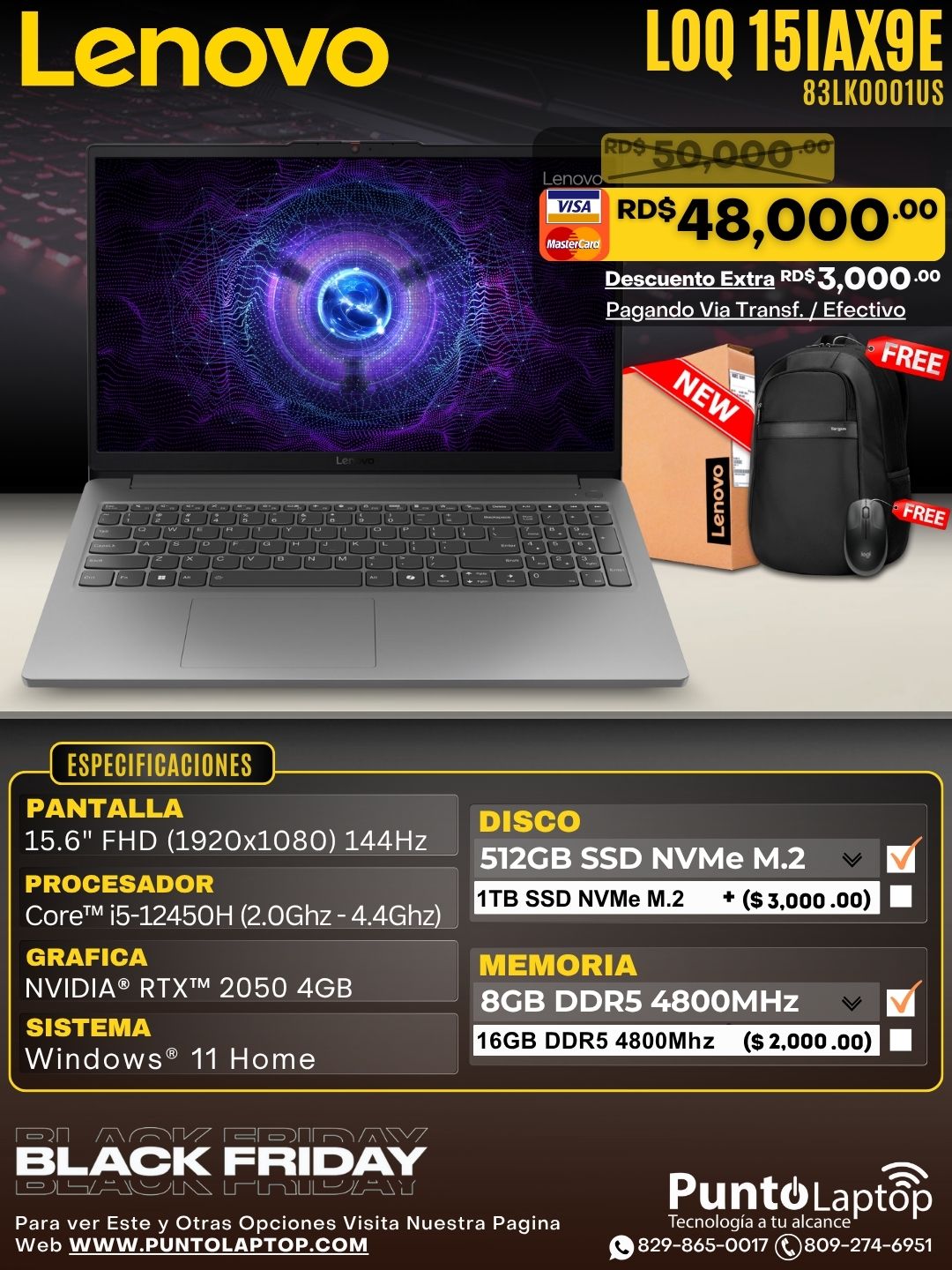 Lenovo LOQ 15IAX9E 15.6" FHD 144Hz Core™ i5-12450HX 512GB SSD 8GB W11 NVIDIA® RTX 2050 4GB GRAY