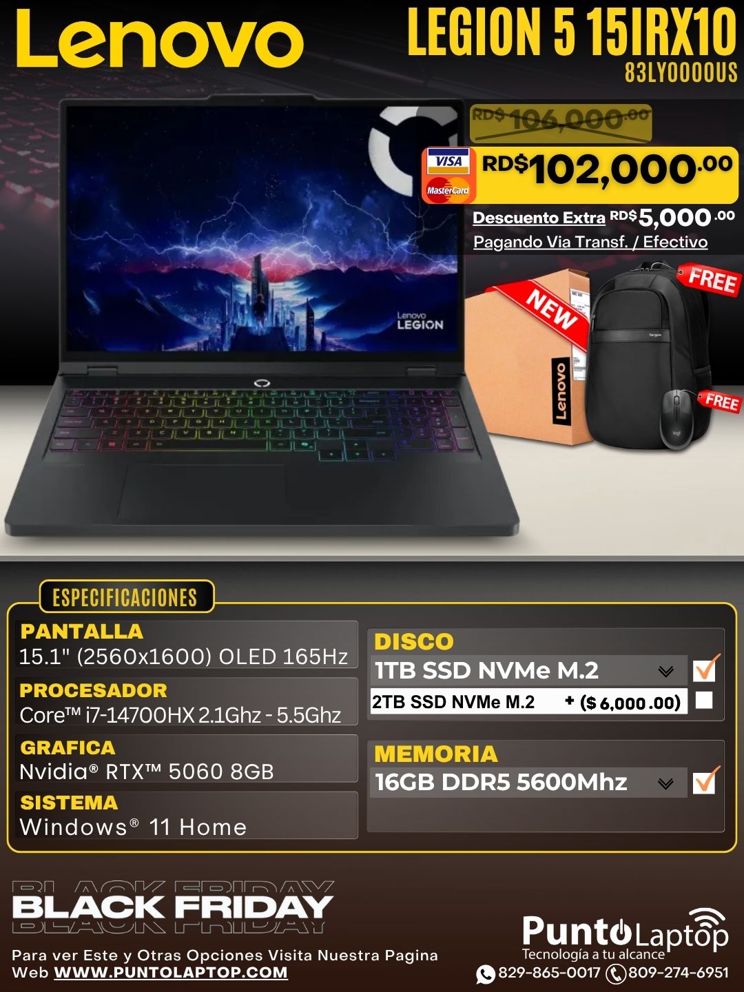 Lenovo LEGION 5 15IRX10 15.1" 2K OLED 165Hz Core™ i7-14700HX 1TB SSD 16GB W11 NVIDIA® RTX 5060 8GB ECLIPSE BLACK Bcklt
