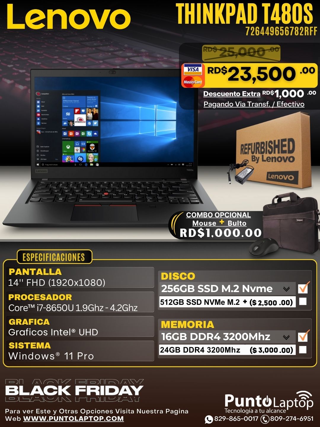 ❞𝐑𝐞𝐟𝐮𝐫𝐛𝐢𝐬𝐡𝐞𝐝❞ Lenovo ThinkPad T480s 14" FHD Core™ i7-8650U 256GB SSD 16GB W11 Pro BLACK