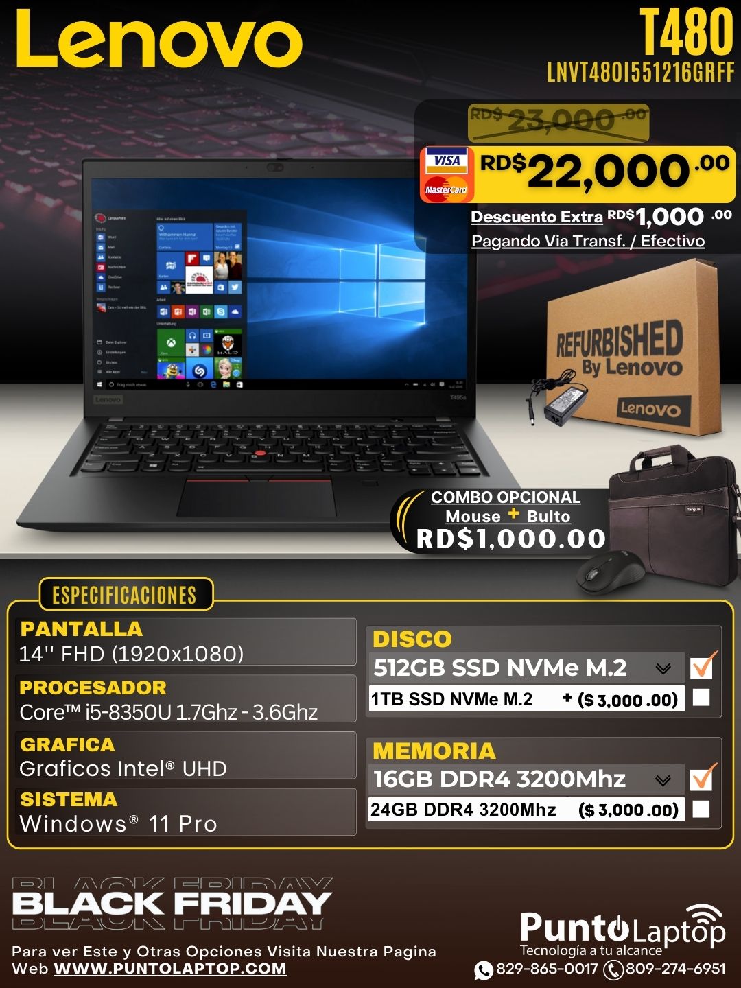 ❞𝐑𝐞𝐟𝐮𝐫𝐛𝐢𝐬𝐡𝐞𝐝❞ Lenovo T480 14" FHD Core™ i5-8350 512GB SSD 16GB W11 Pro BLACK