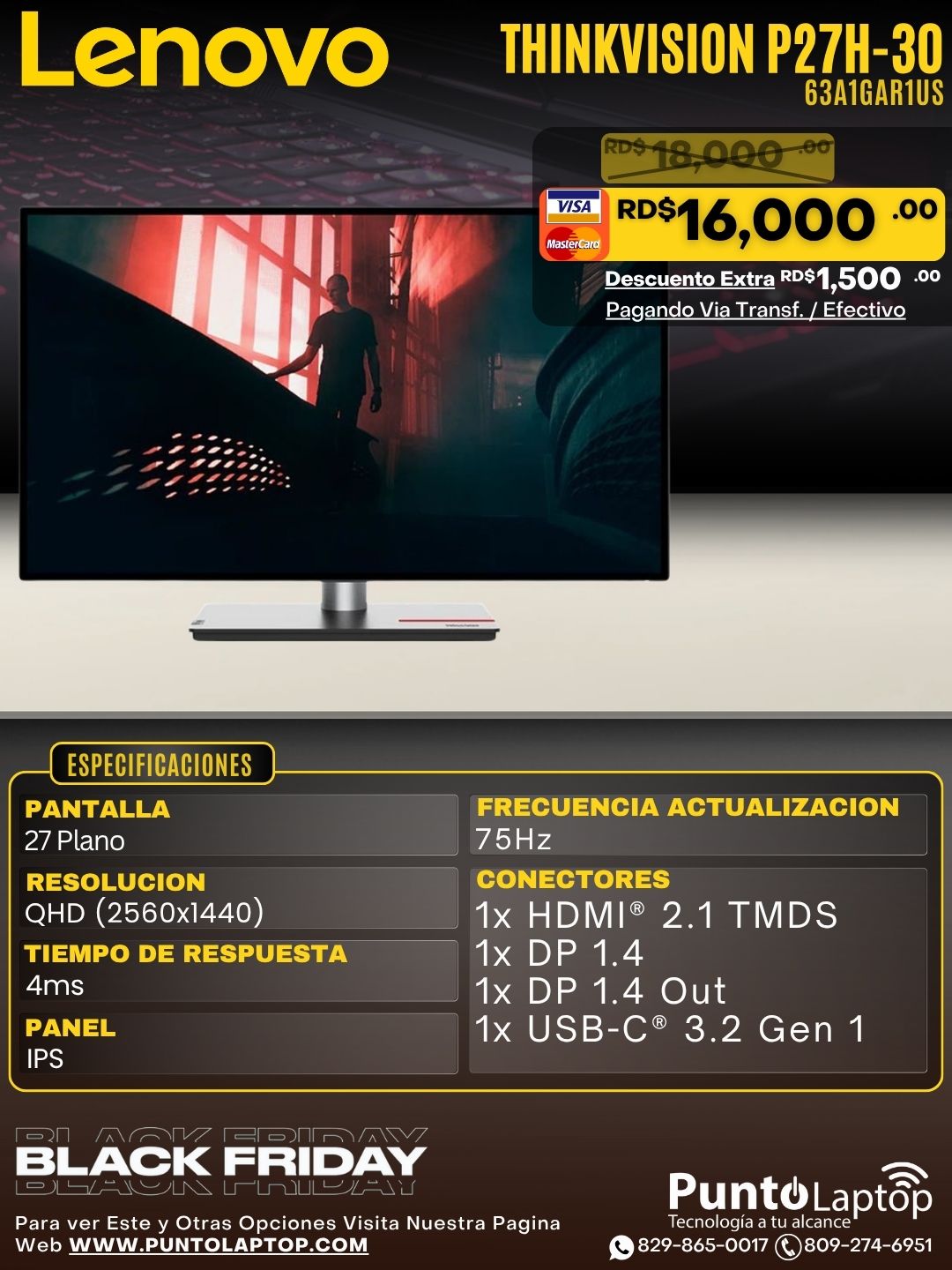 Lenovo ThinkVision P27h-30 27" QHD (2560x1440) IPS 4-side NearEdgeless Raven Black Monitor