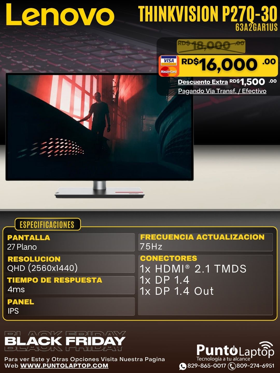 Lenovo ThinkVision P27q-30 27" (2560x1440) QHD Natural Low Blue Light Black Monitor