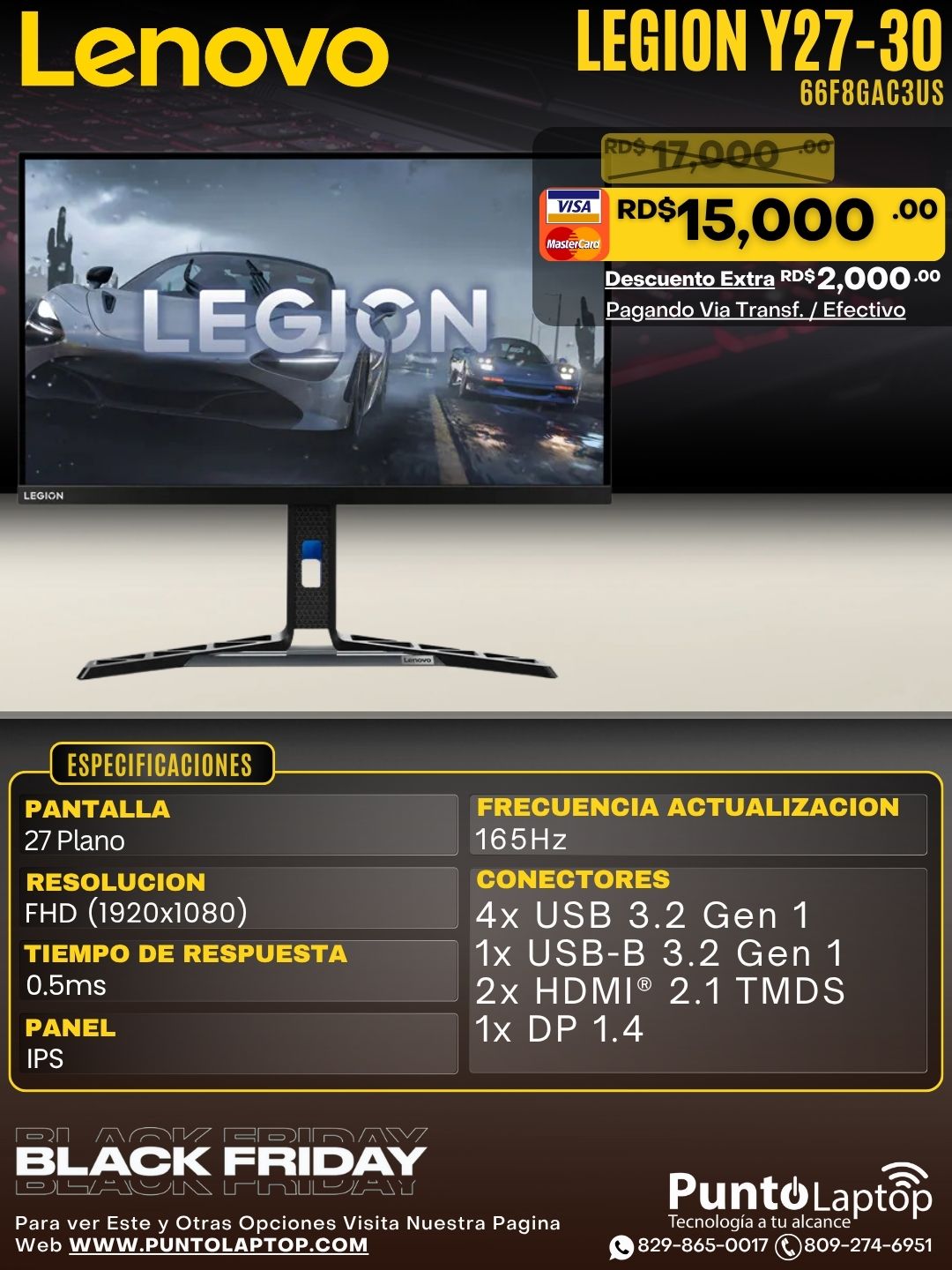 Lenovo Legion Y27-30 27" FHD WLED 165 Hz Refresh Speaker Black