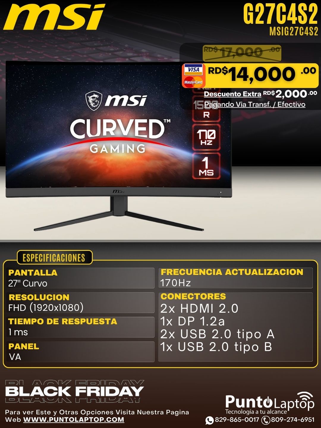 MSI G27C4S2 GAMING 27" FHD VA 170Hz 1ms Nvidia G-Sync Curvo